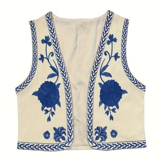 Flower Embroidered Open Front Vest Sleeveless Vest
