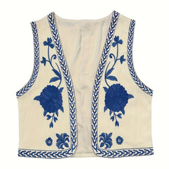 Flower Embroidered Open Front Vest Sleeveless Vest