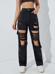 High Rise Ripped Mom Jeans Slim Fit Destroyed Denim Pants