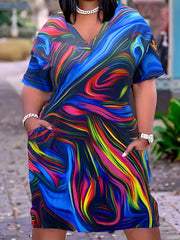 Women's Plus Painting Print V Neck Dress with Pockets