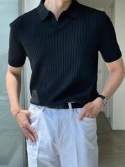 Knit Short Sleeve Polo Shirt V-Neck Button Up Casual Top Men's Tee
