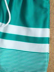 Boys Beach Pants Strip Print Drawstring Elastic Waist Swim Trunks