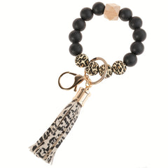 Silicone Keychain Tassel Wooden Beads Wrist Keyrings Bracelet