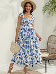 Plus Ribbed Floral Print Tie Shoulder Pleated Cami Maxi Dress