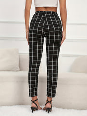 Plaid Pocket Skinny Pants High Waist Summer Workout Comfy Slim Pants