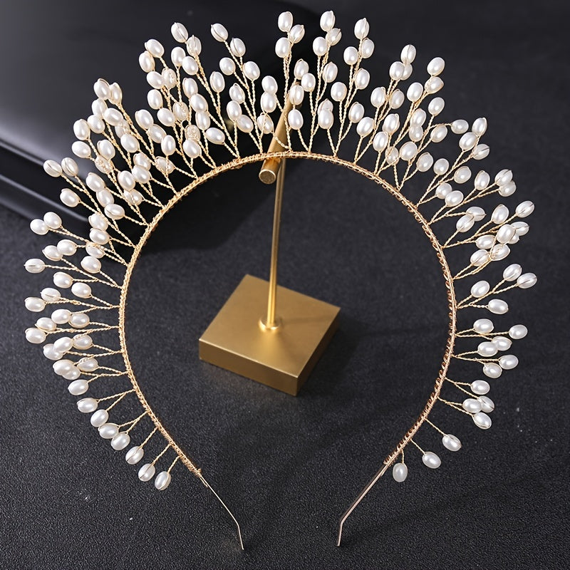 Hand Woven Hairband Leaf Faux Pearl Headbands For Women Bride Crown Tiara Weddin