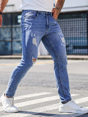 Men's Slim Fit Ripped Cotton Jeans Street Style Stretch Denim Pants