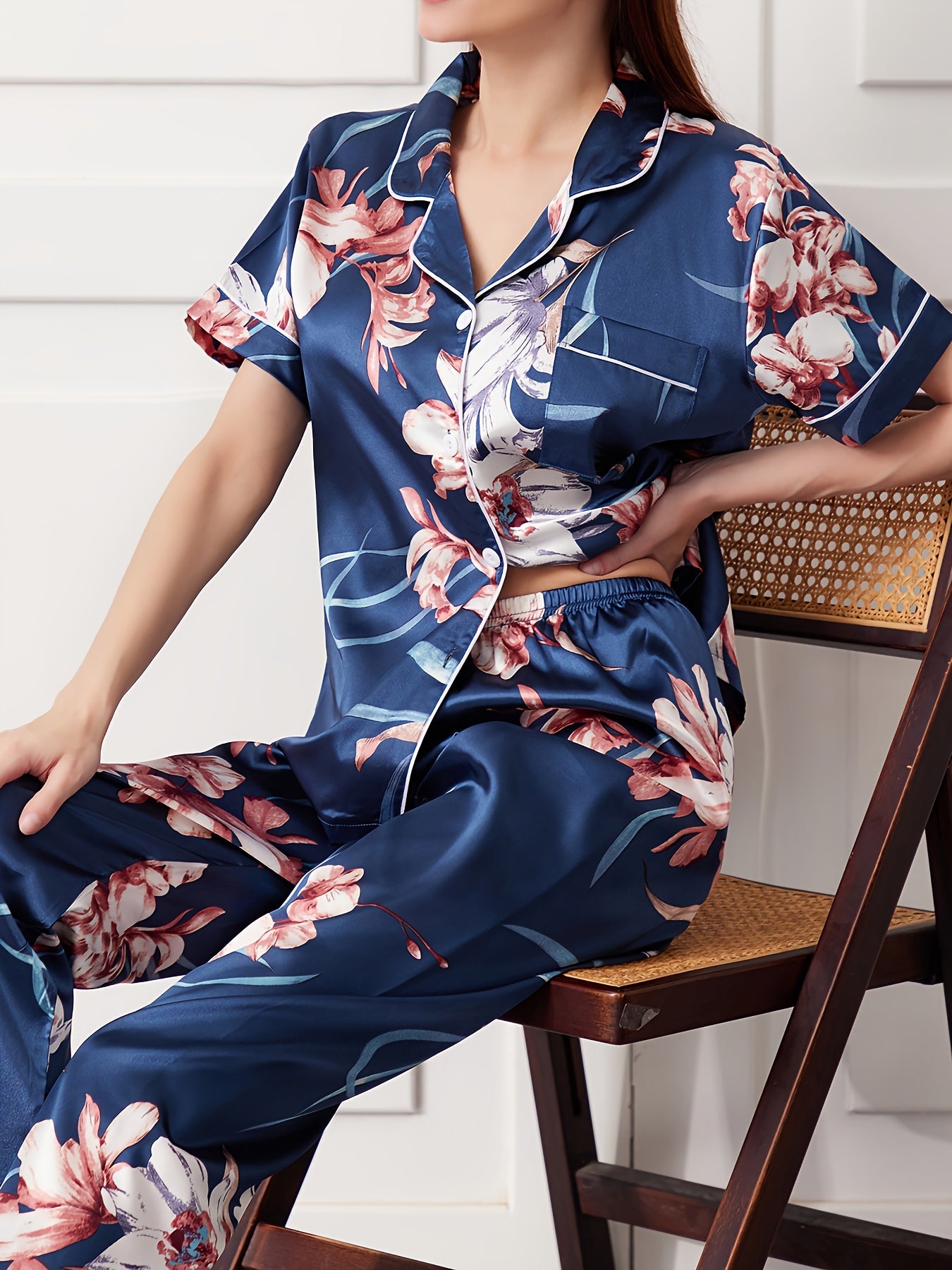 Floral Print Pajama Set Short Sleeve Button Top & Pants