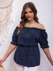 Dot Print Ruffle Trim Off Shoulder Peplum Top
