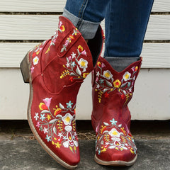 Retro Floral Embroidered Western Boots Pointed Toe Slip On Cowgirl Short Boots