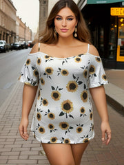 Sunflower Print Cold Shoulder Ruffle Trim T-shirt