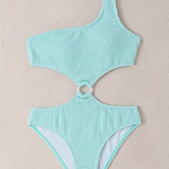 Girls One Piece Swimsuit with One Shoulder Round Ring