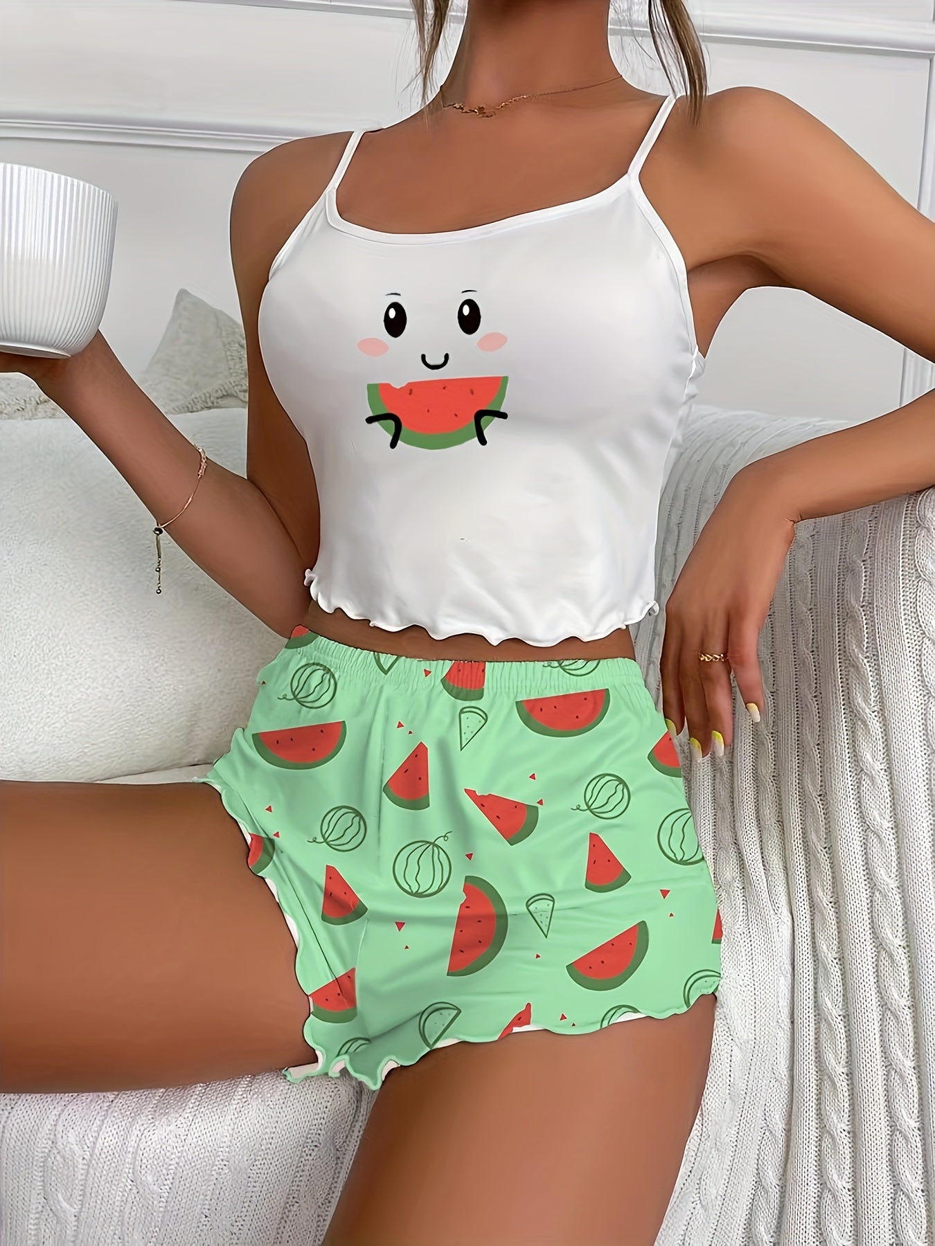 Cartoon Print Pajama Set - Crew Neck Cami Top & Shorts