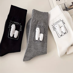 3 Pairs Cartoon Alpaca Print Socks Comfy & Mid Tube Women's Stockings