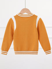 Boys Letter Embroidered Cardigan Sweater Crew Neck Tops