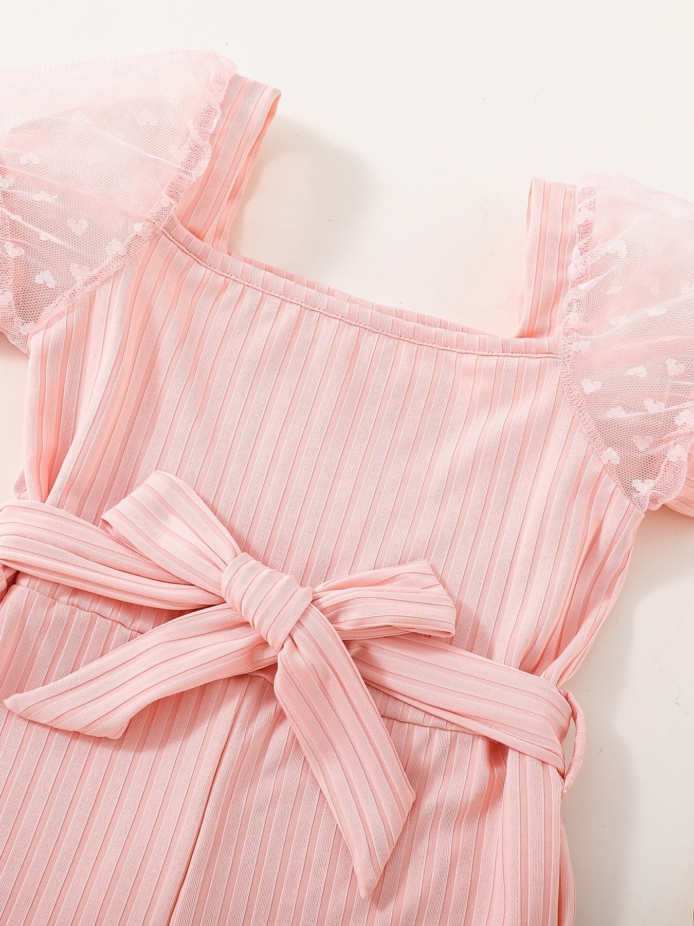 Girls Mesh Heart Puff Sleeve Romper Square Neck Jumpsuit