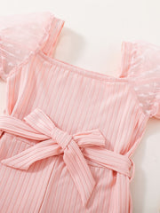Girls Mesh Heart Puff Sleeve Romper Square Neck Jumpsuit
