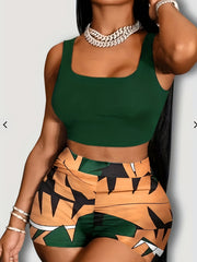 Summer Two Piece Set Cropped Tank Top & Geometric Print Shorts