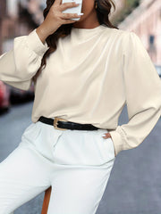 Frenchy Blouse Solid Ruched Puff Sleeve Keyhole Back Round Neck Blouse