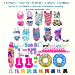 40pc Doll Clothing & Accessories Playset with Shoes, Handbags, Surfboard, Guitar