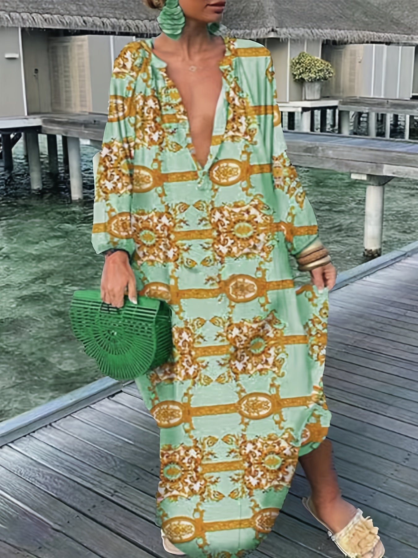 Boho Dress Women's Plus Graphic Print Lantern Sleeve Button Up Notched Neck