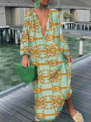 Boho Dress Women's Plus Graphic Print Lantern Sleeve Button Up Notched Neck