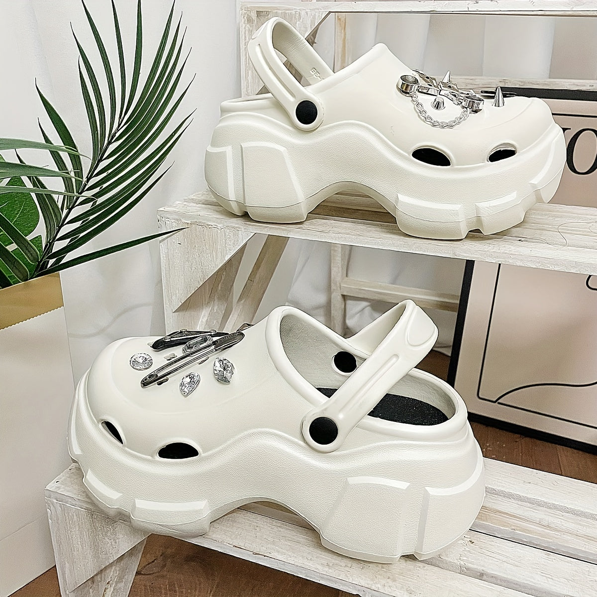 Women's Rhinestone & Robot Platform Clogs Chunky Heeled Sandals