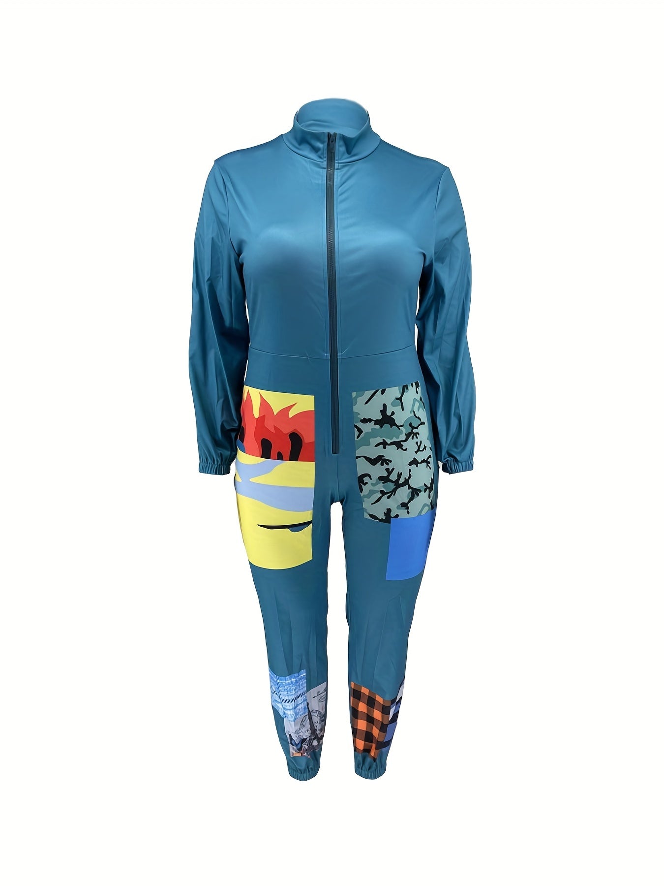 Colorblock Long Sleeve Mock Neck Jumpsuit