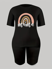 2pc Rainbow Graphic Crew Neck T-shirt & Solid Shorts Set Women's Activewear
