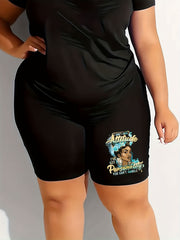 Plus Figure & Letter Print High Rise Biker Shorts