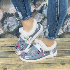 Christmas Women's Flat Cat Print Snow Boots Slip On