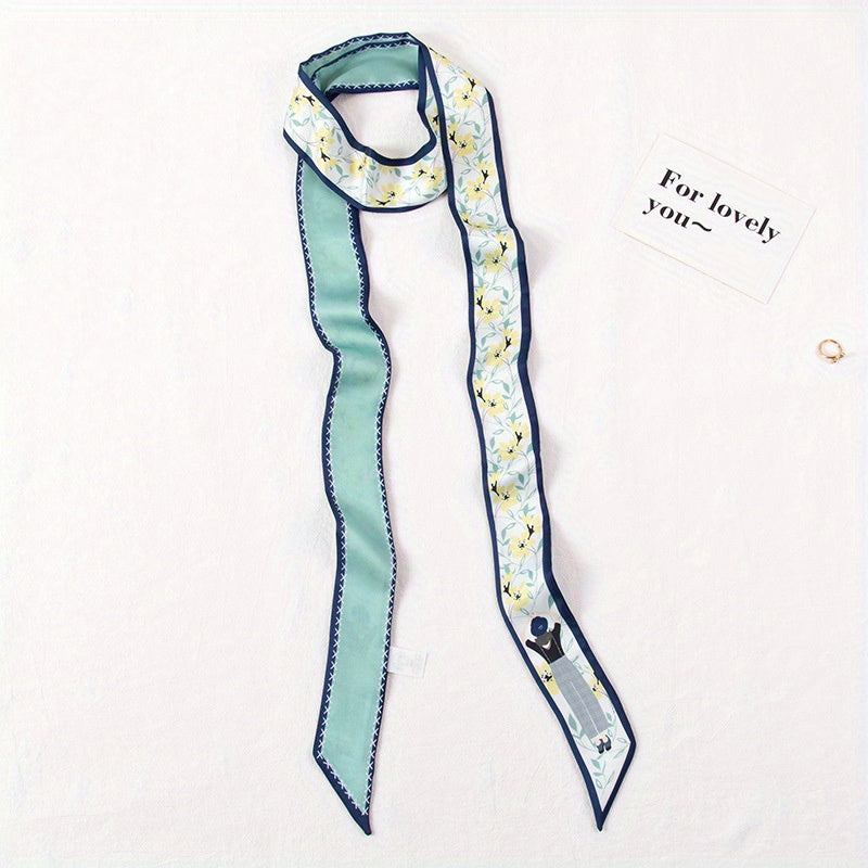 Long Ribbon Scarf Silk Floral Print Skinny Scarf Ribbon Necktie