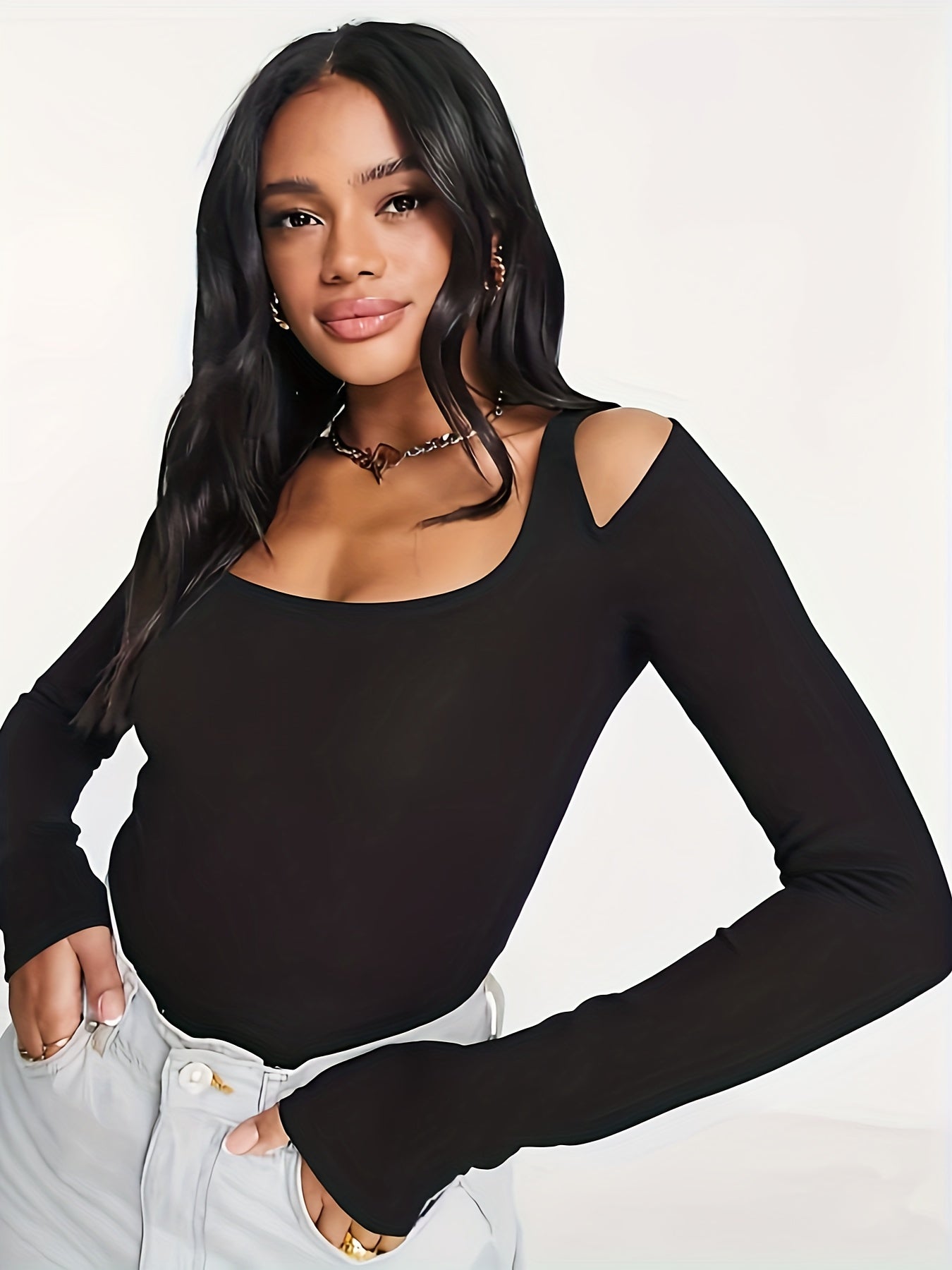Solid Cut Out Long Sleeve Scoop Trim Bodysuit