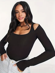 Solid Cut Out Long Sleeve Scoop Trim Bodysuit