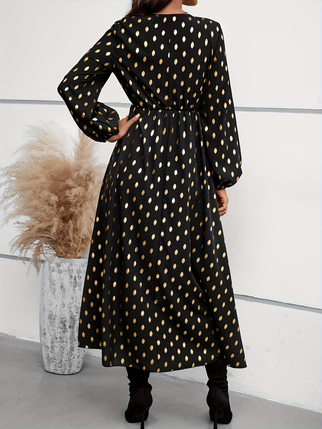 Golden Dot Print Lantern Sleeve V Neck Maxi Dress