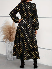 Golden Dot Print Lantern Sleeve V Neck Maxi Dress