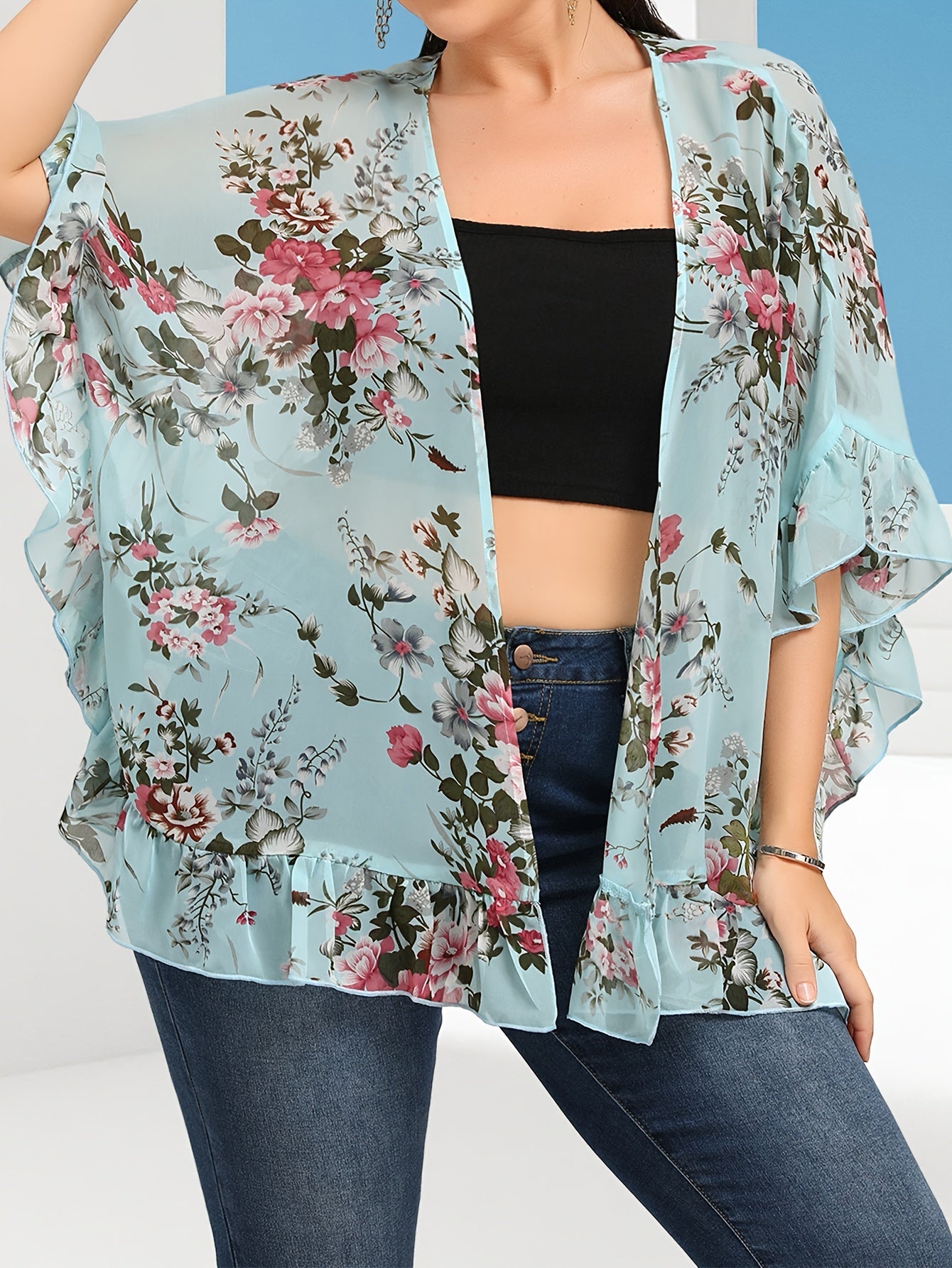 Floral Print Plus Size Kimono Beach Cover Up