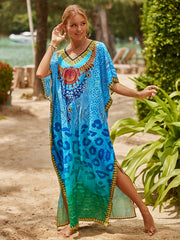 Boho Cover Up Dress Colorblock Leopard Print Bat Sleeve V Neck