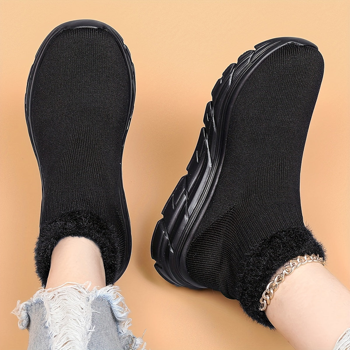 Plush Furry Slip On Mesh Breathable Running Shoes