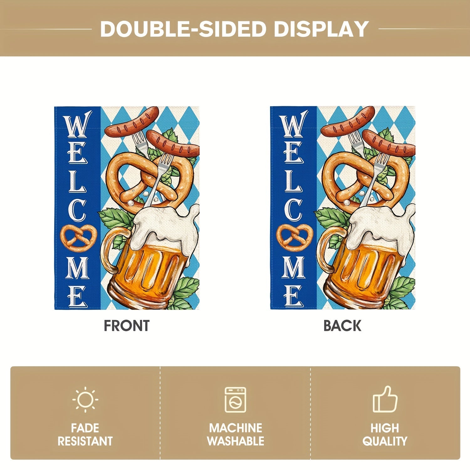 Welcome Oktoberfest Beer Garden Flag with Pretzels & Sausage Design