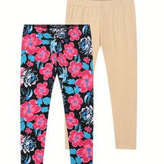 2pcs Toddler Girls Flowers Elastic Waist Cropped Leggings