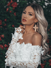 Off Shoulder Lace Cocktail Wedding Dress Long Sleeve