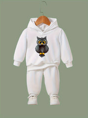 Cartoon Owl Print Hooded Pullover Pants Set for Kids Sports