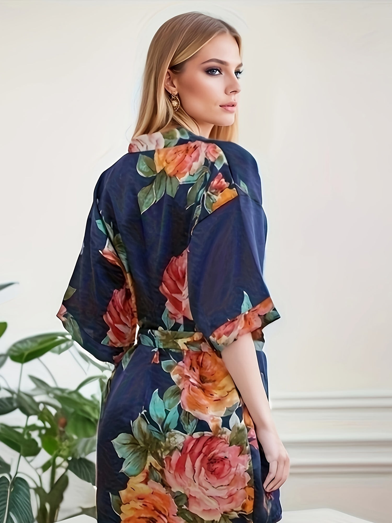 Floral Print V-Neck Night Robe with Belt