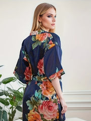 Floral Print V-Neck Night Robe with Belt