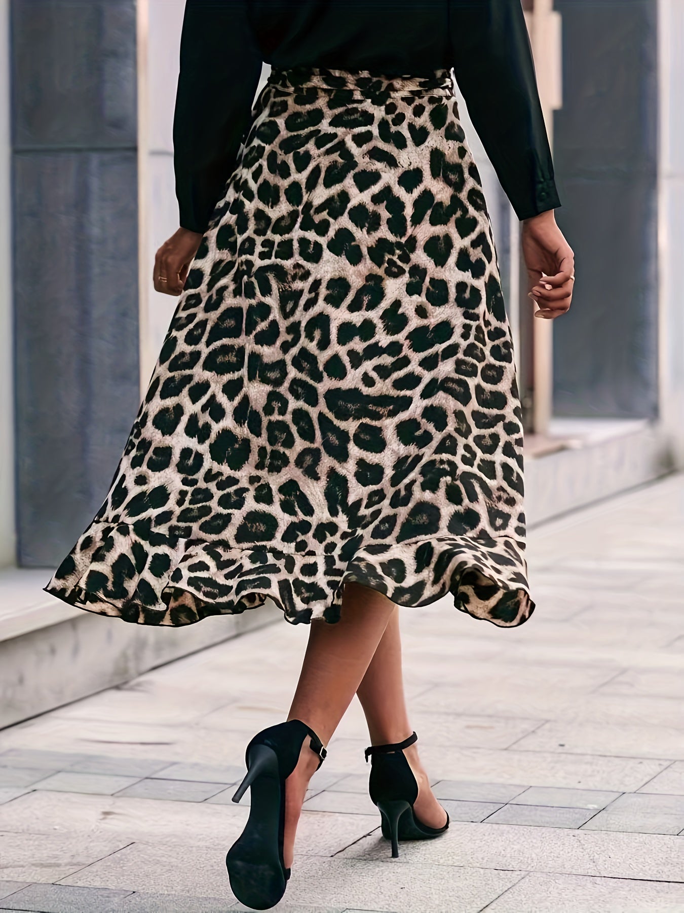 Leopard Print Ruffle Trim Skirt Boho Tie Waist Skirt
