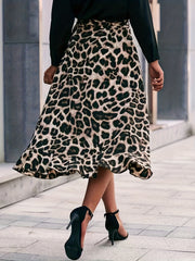 Leopard Print Ruffle Trim Skirt Boho Tie Waist Skirt