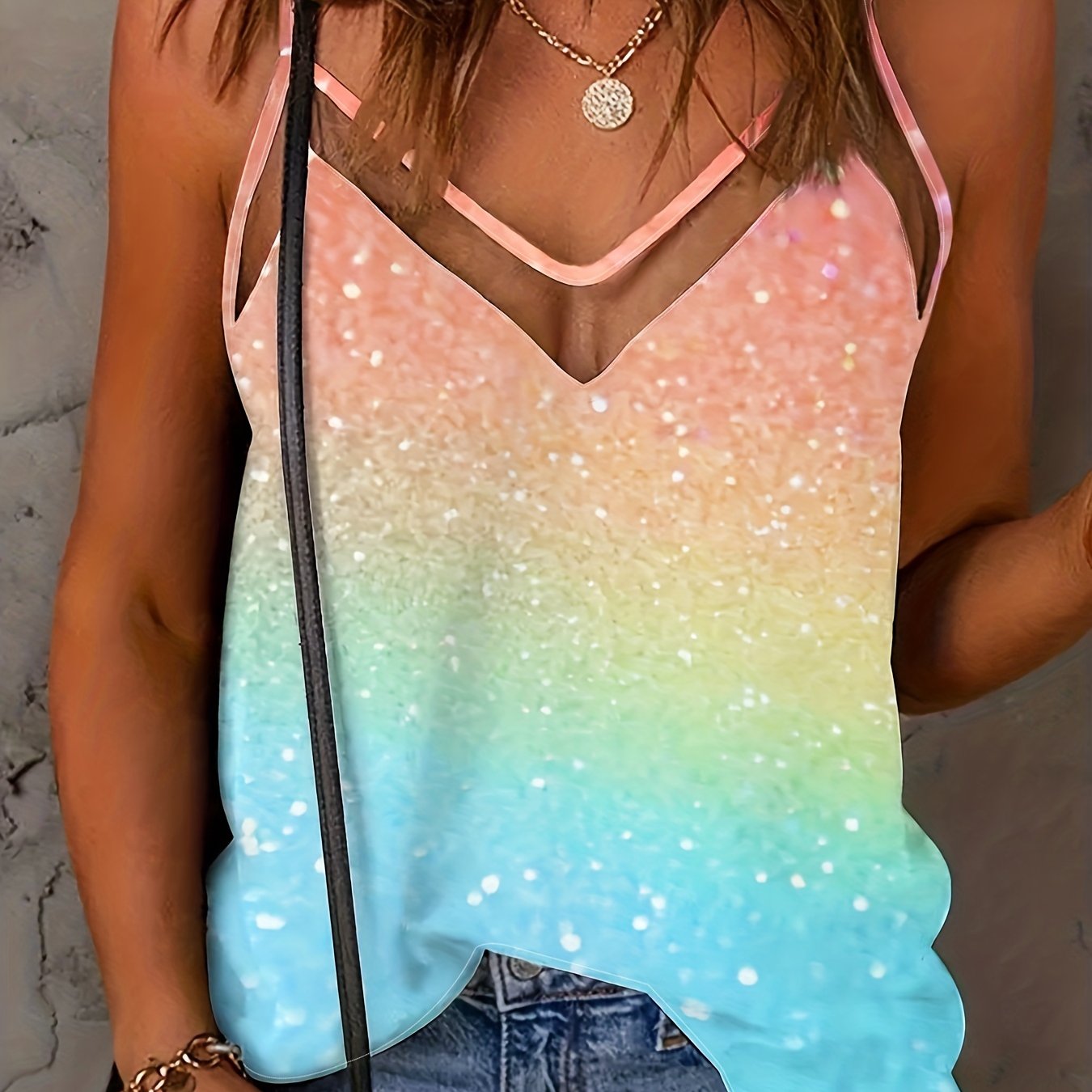 Gradient Block Cami Top Spaghetti Sleeveless Summer Top
