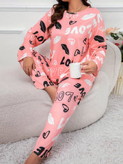Kiss & Heart Print Tee & Pants Pajamas Lounge Set