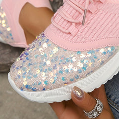 Women's Glitter Sequins Platform Sneakers Lace Up Outdoor Shoes Pink